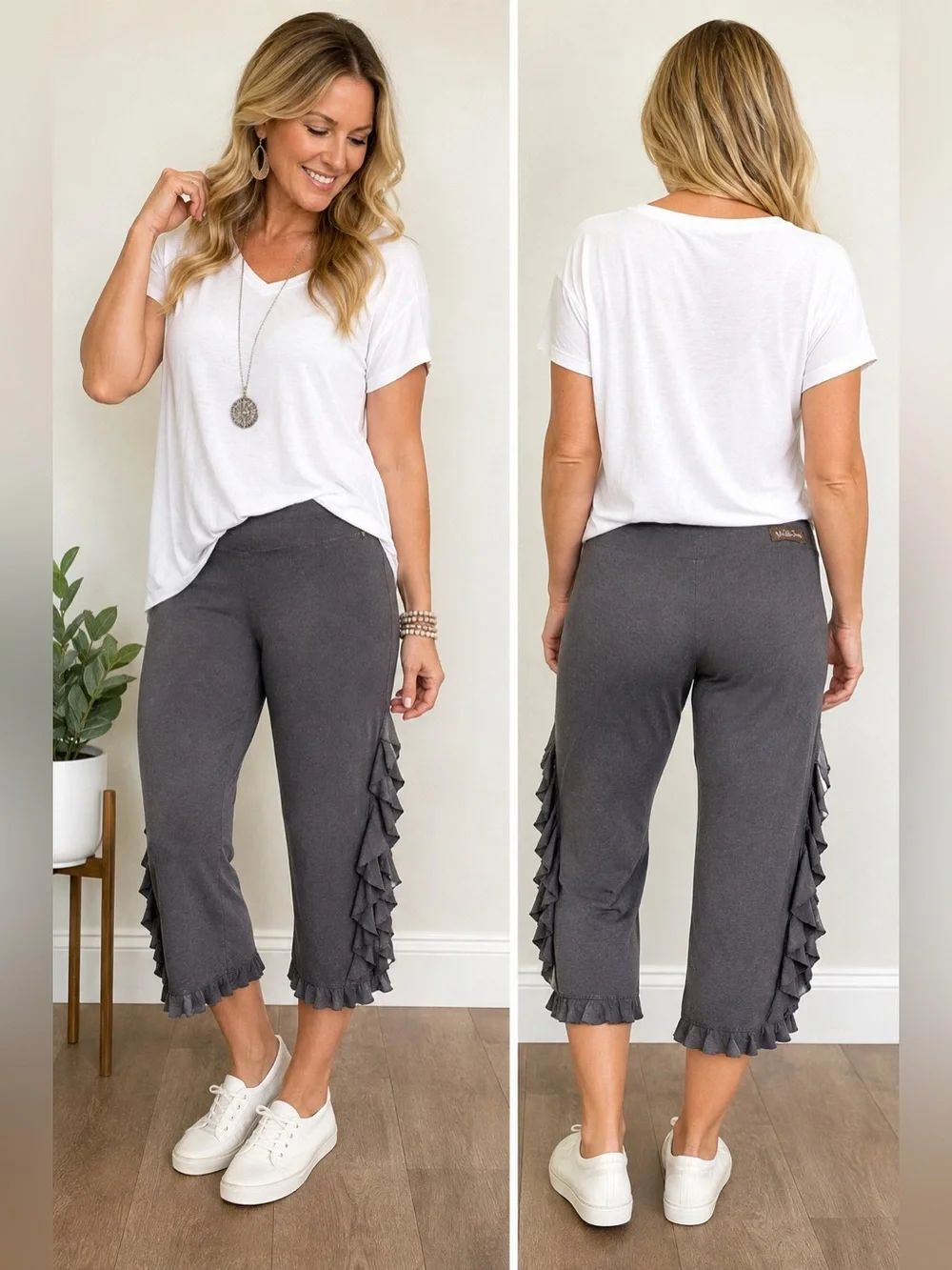 Matilda Jane Women’s Medium Grey Ruffle Cropped Leggings Pants